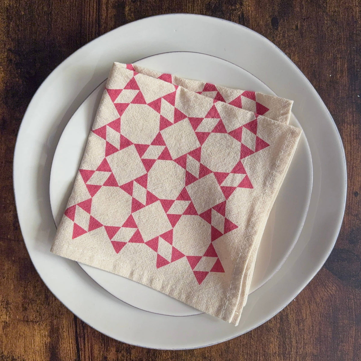 Hand Printed Flour Sack Napkins - Homespun Quilt: Tomato red