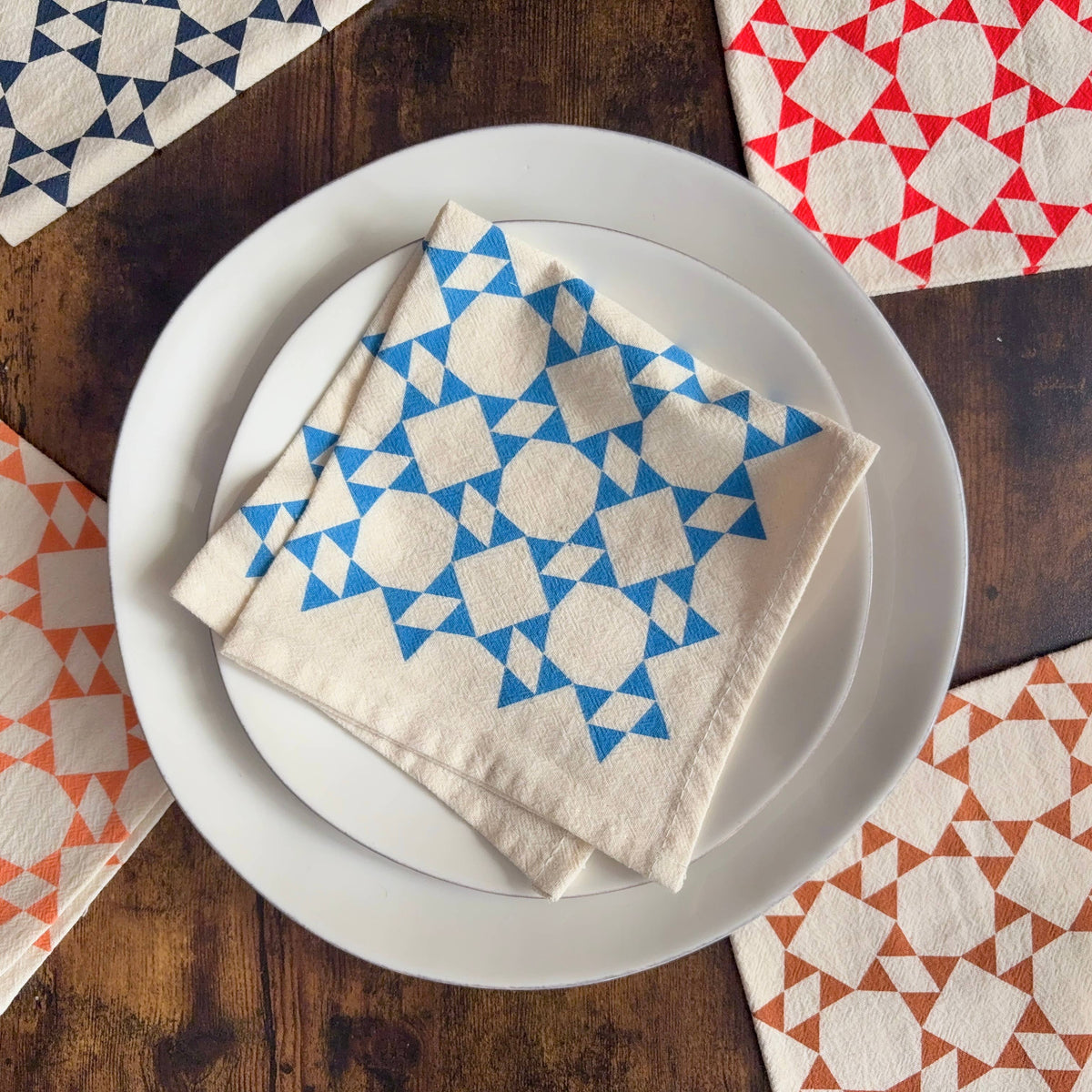 Hand Printed Flour Sack Napkins - Homespun Quilt: Tomato red