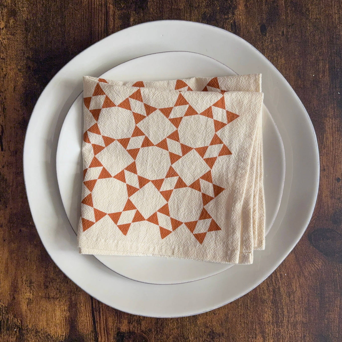 Hand Printed Flour Sack Napkins - Homespun Quilt: Tomato red