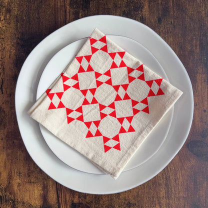 Hand Printed Flour Sack Napkins - Homespun Quilt: Tomato red