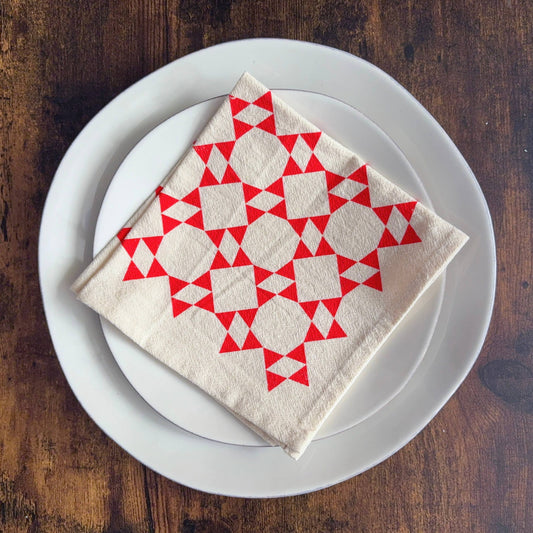 Hand Printed Flour Sack Napkins - Homespun Quilt: Tomato red